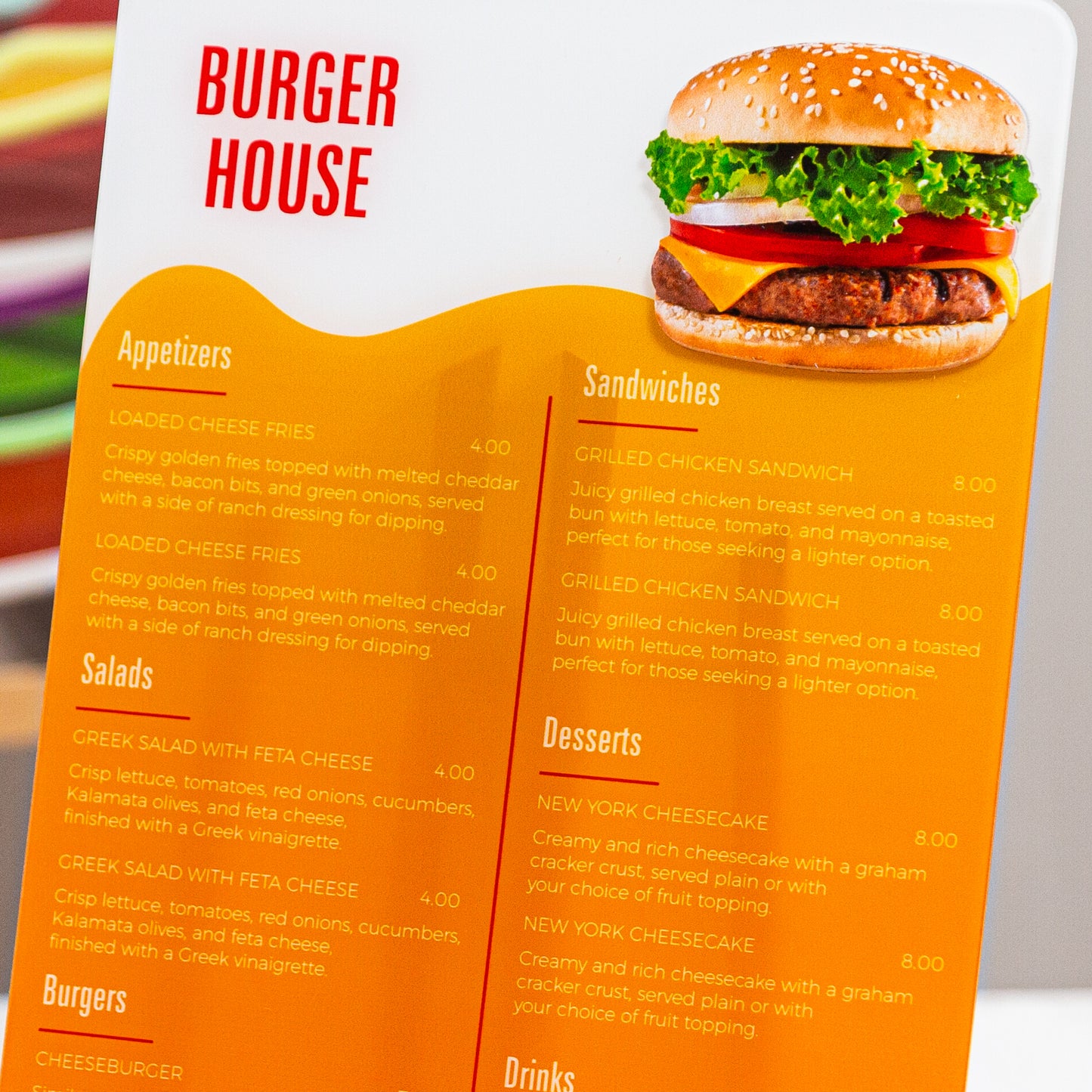 High-Quality Acrylic Burger Menu M003